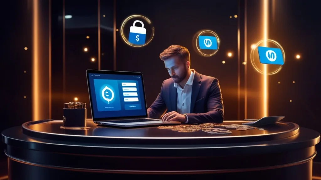 Giocatore che effettua un deposito sicuro in un ambiente casino scuro
